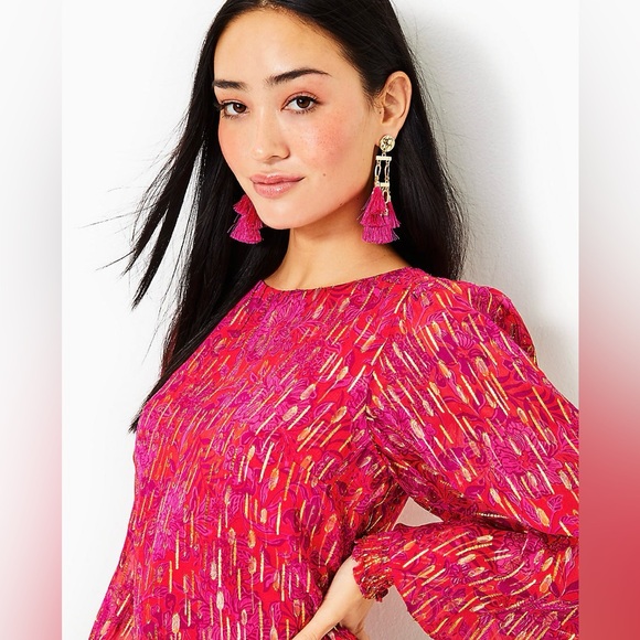 Lilly Pulitzer Alfreda Long Sleeve Top in Amaryllis Red Secret Hideaway Size 16 - Picture 2 of 13